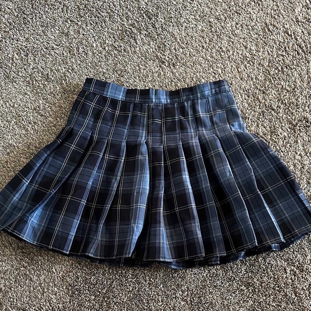 ROMWE Blue and Black Plaid Skater Skirt
